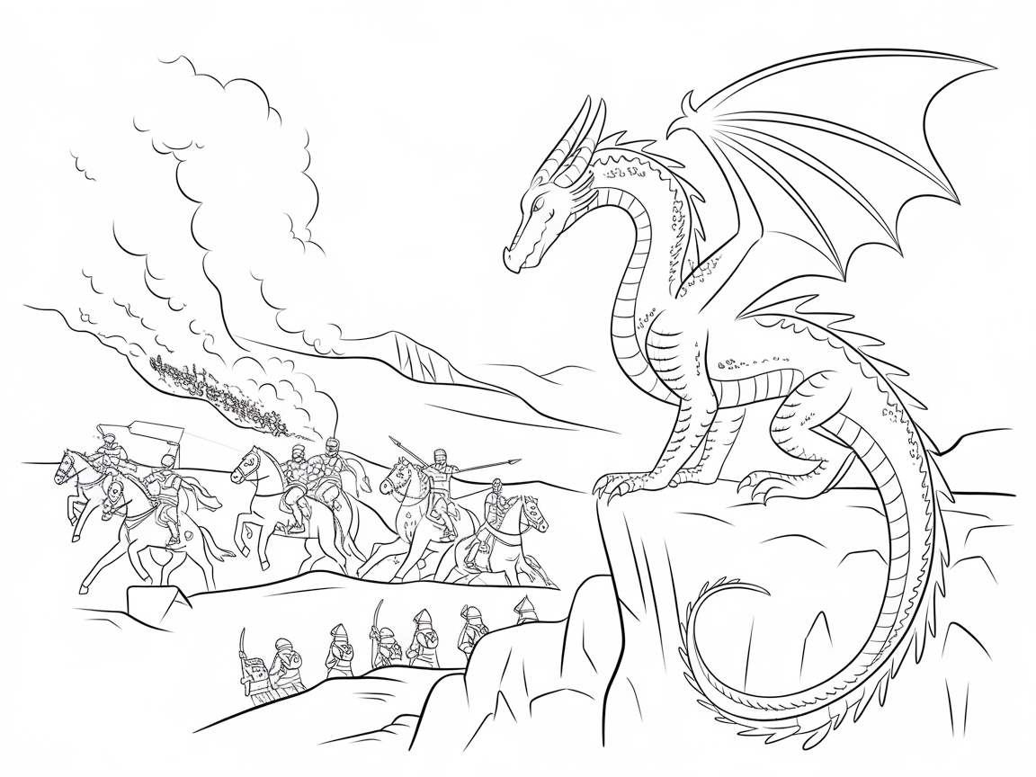 Epic Dragon Overlooking a Medieval March