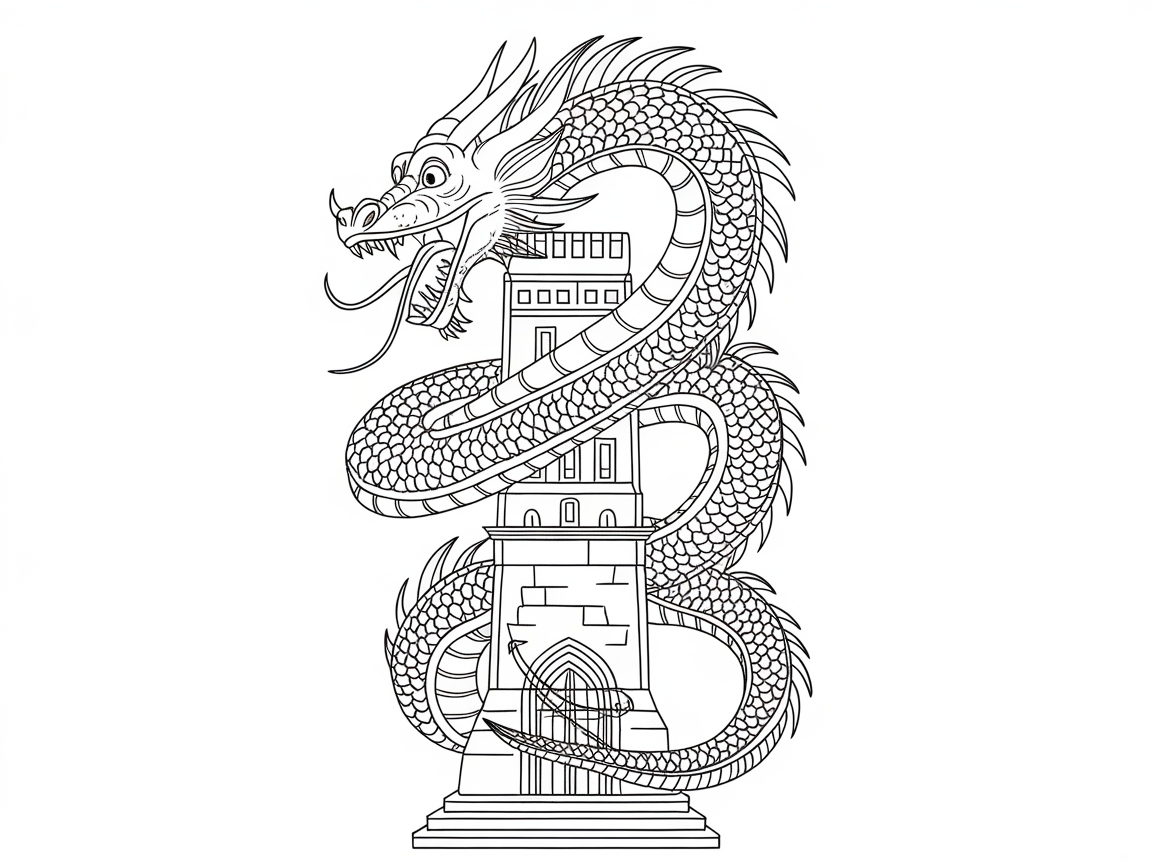 Serpentine Dragon Encircling an Ancient Tower