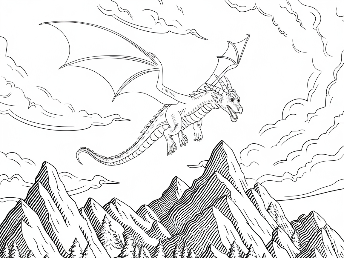 Majestic Dragon Soaring Over Mountains