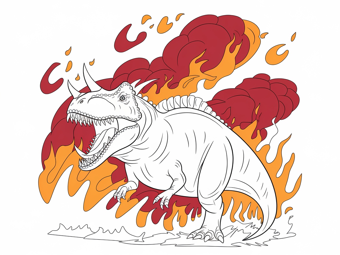Fiery Rex Amidst Flames: A Daring Coloring Quest
