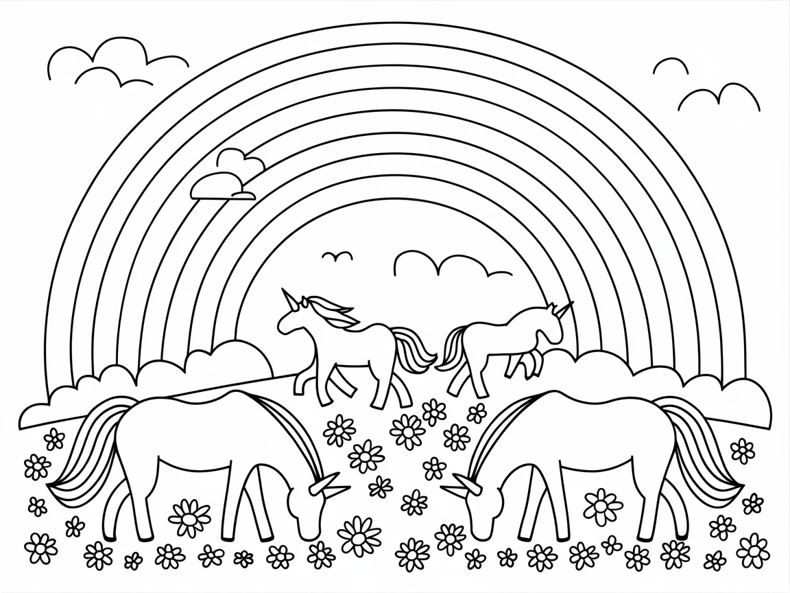 Unicorns in a Rainbow Meadow: A Whimsical Coloring Page