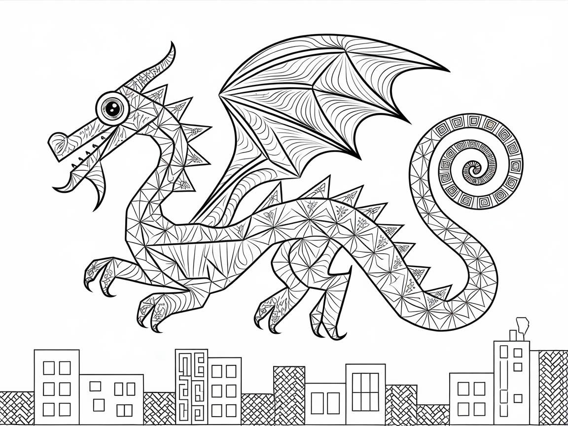 Geometric Dragon Soaring Over Cityscape