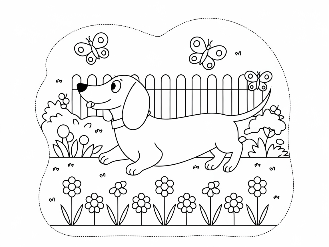 Dachshund Garden Adventure with Butterflies