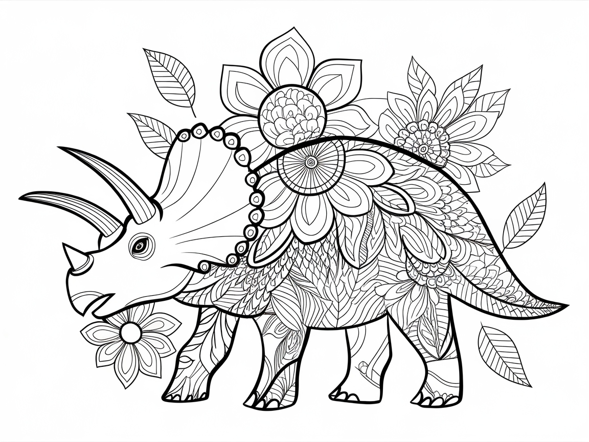 Flower-Crowned Triceratops: A Botanical Coloring Journey