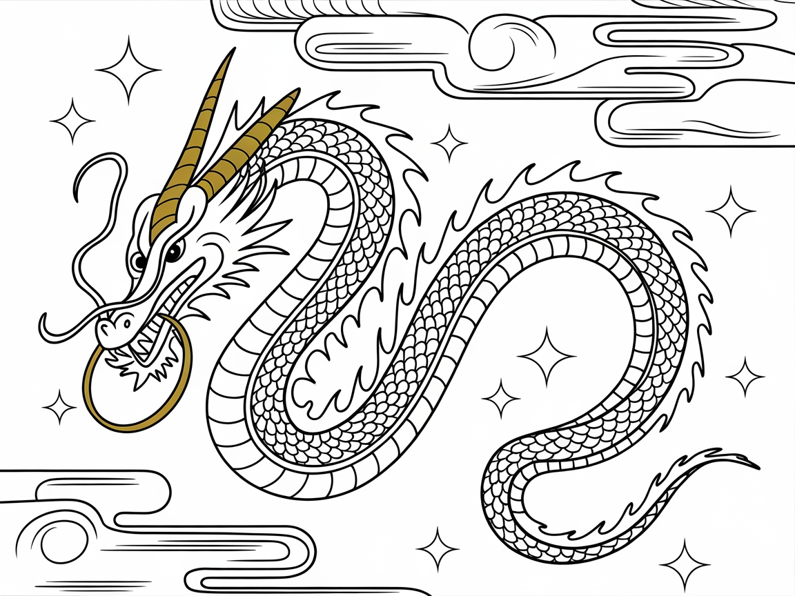 Intricate Eastern Dragon Amidst Celestial Clouds