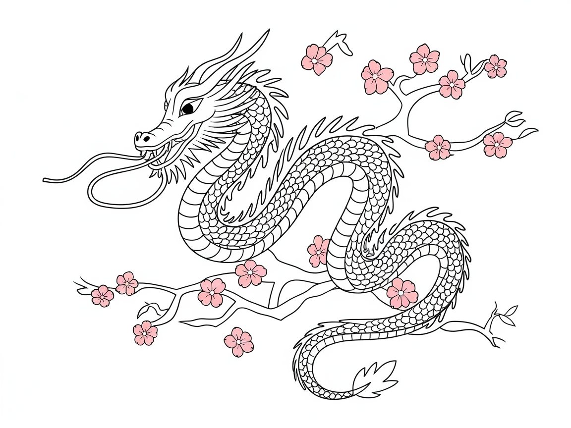 Graceful Asian Dragon in Blooming Cherry Blossoms