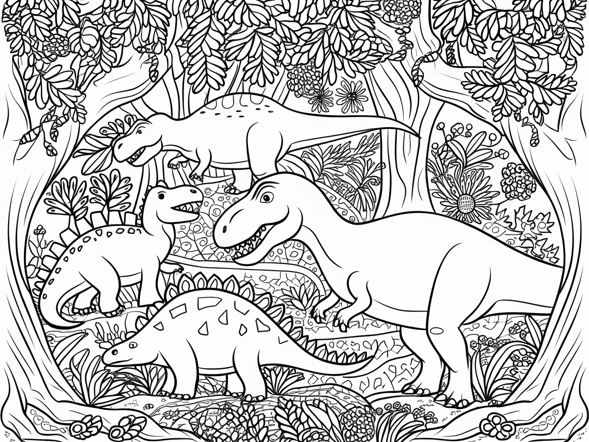 Journey Through a Prehistoric Jungle with Playful Dinosaurs