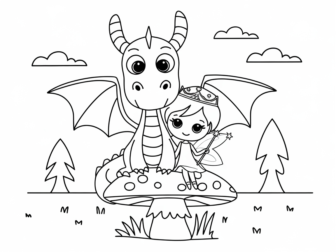 Adorable Dragon and Fairy on a Mushroom Throne