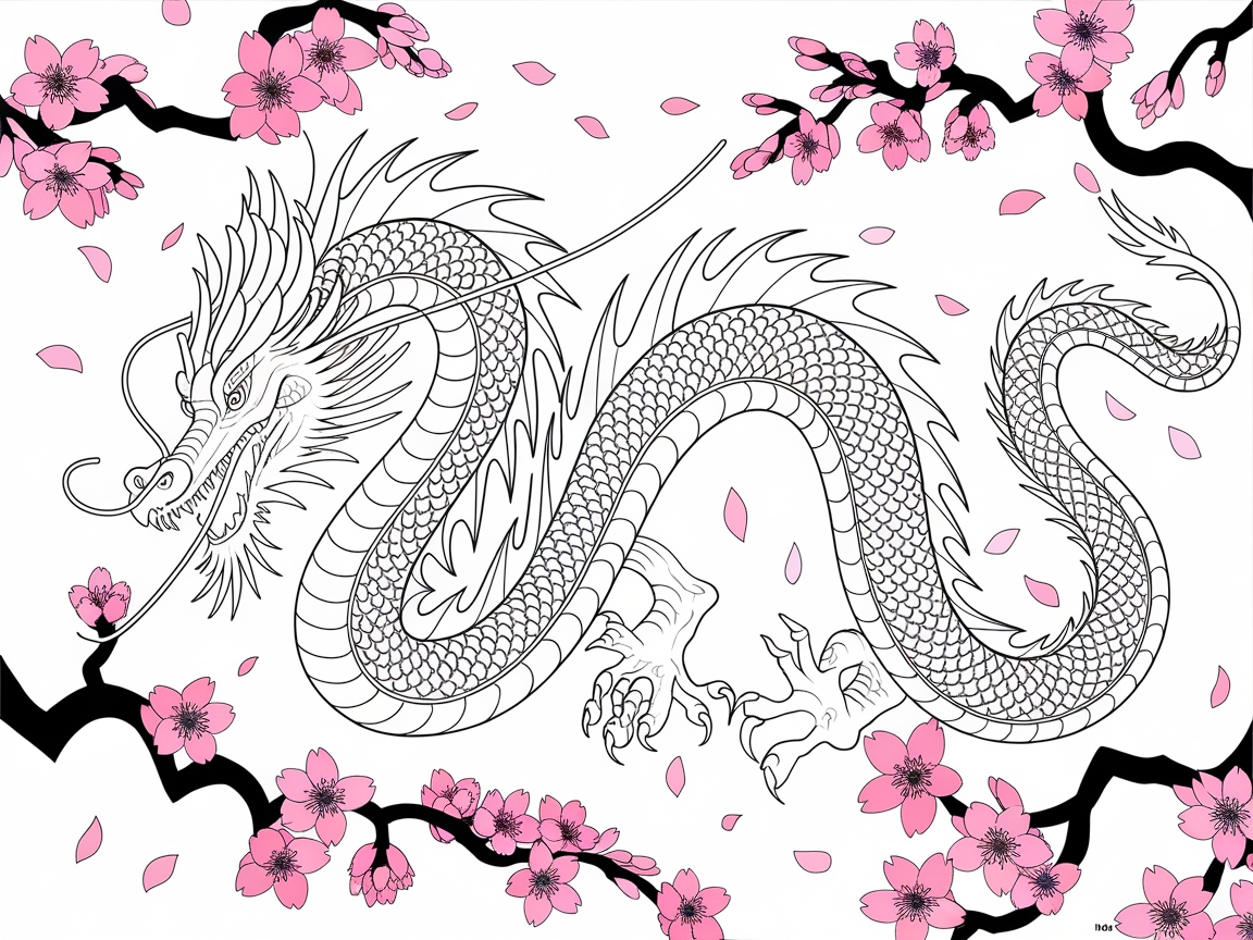 Oriental Dragon Amidst Cherry Blossoms