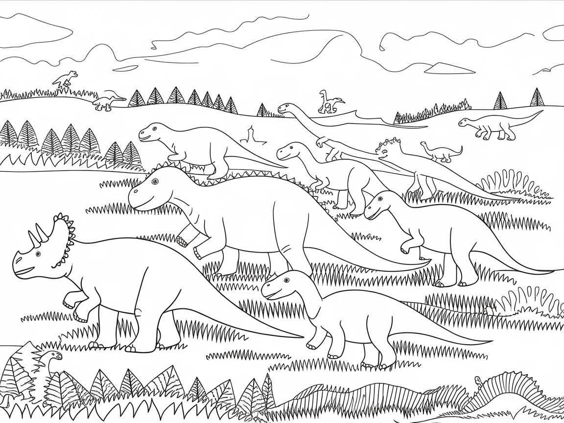 Dinosaur Parade in a Lush Prehistoric Landscape