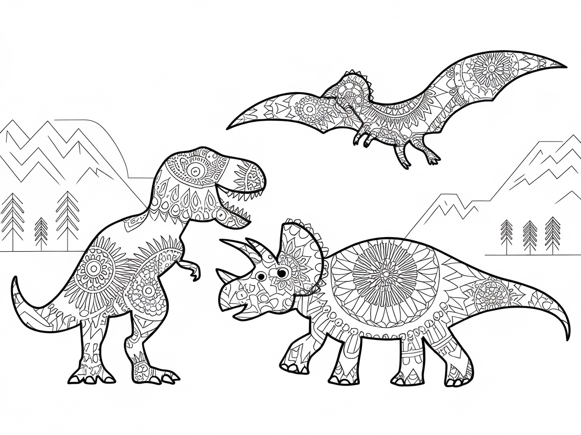 Intricate Dinosaur Trio in a Scenic Landscape