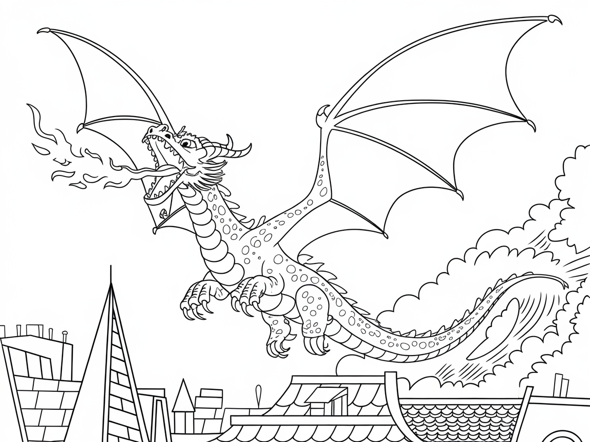 Fire-Breathing Dragon Above Rooftops