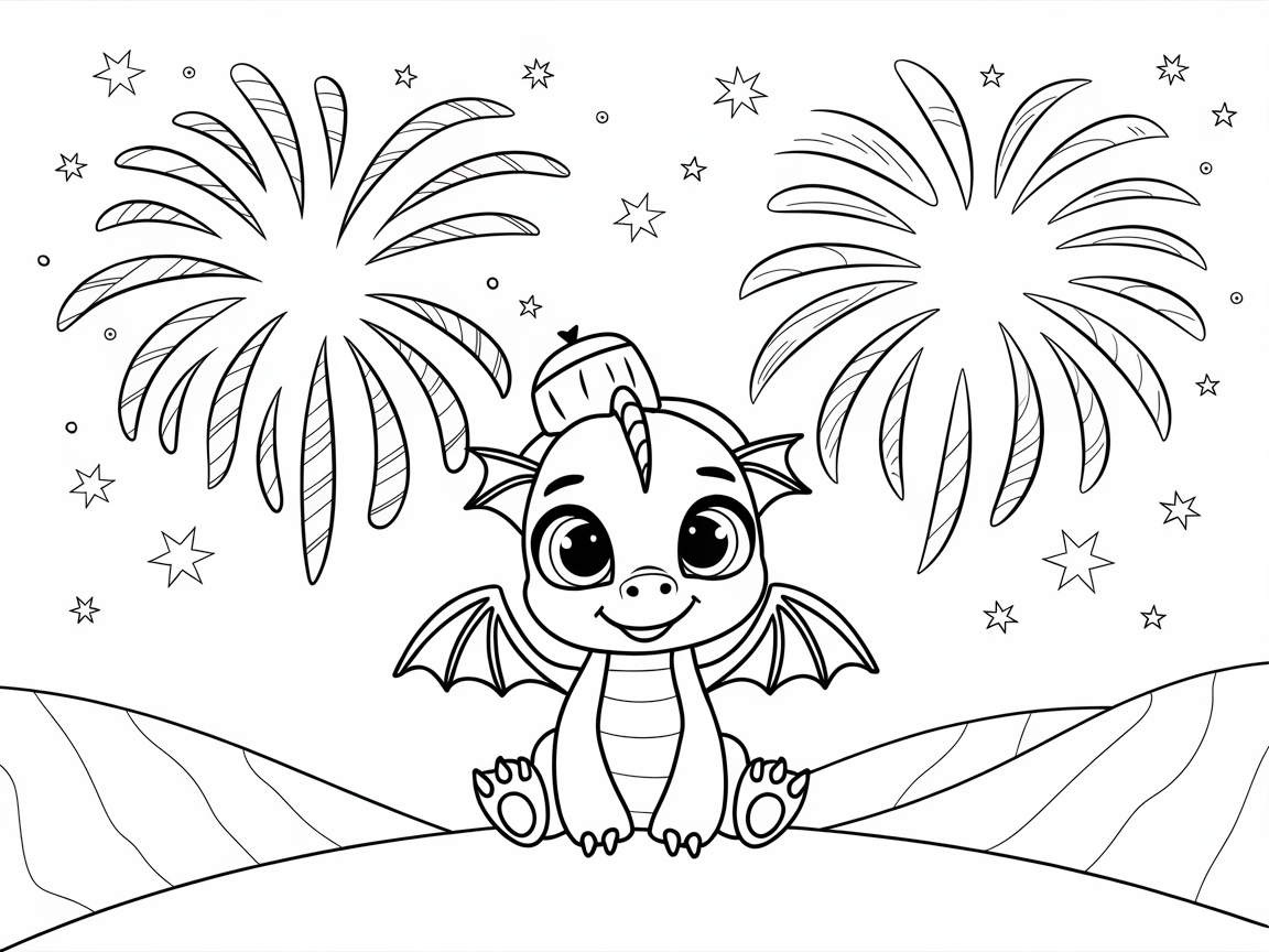 Festive Baby Dragon Enjoying Fireworks