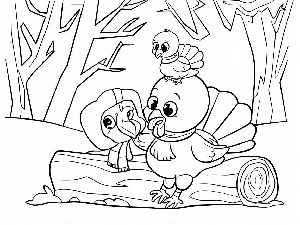 Color This Turkey Duo Enjoying a Woodland Stroll