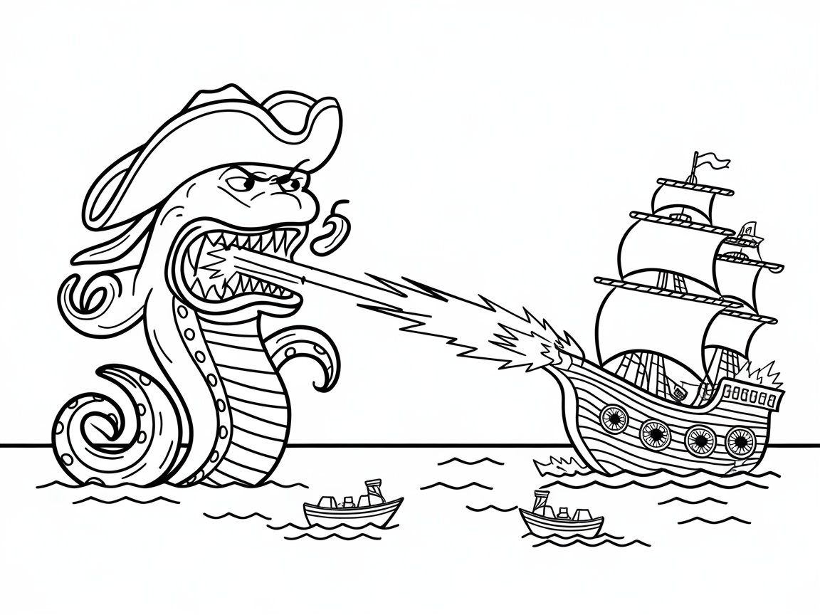 Pirate Sea Monster vs. Ship Coloring Page