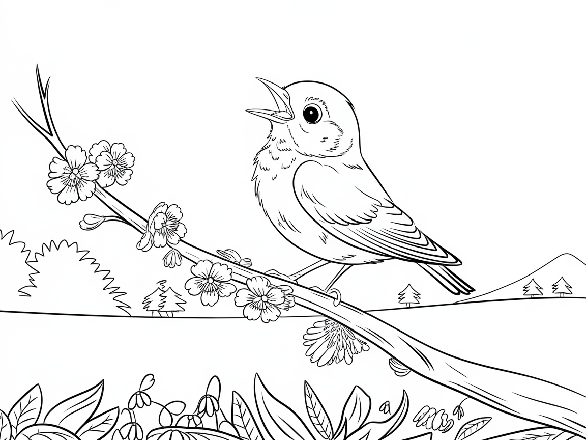 Serene Bird on a Blossoming Branch