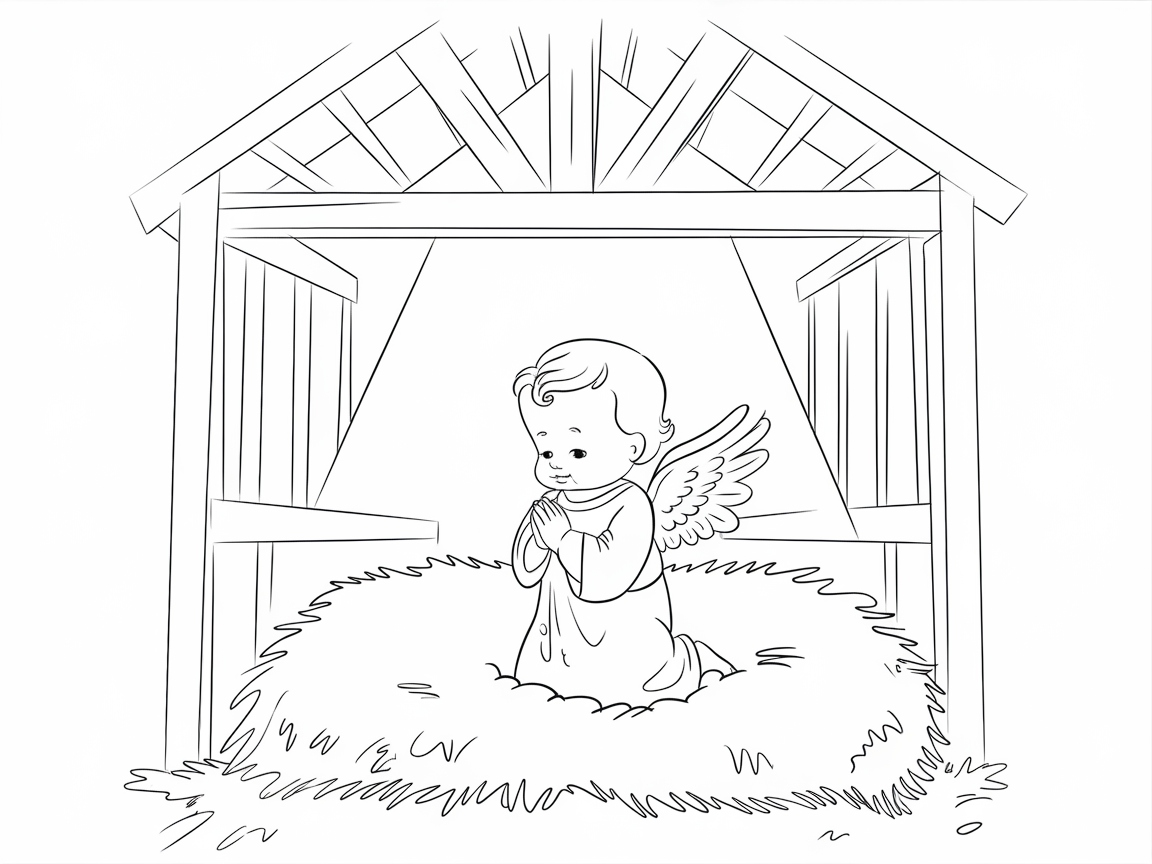 Baby Angel Praying in a Nativity Scene Coloring Page
