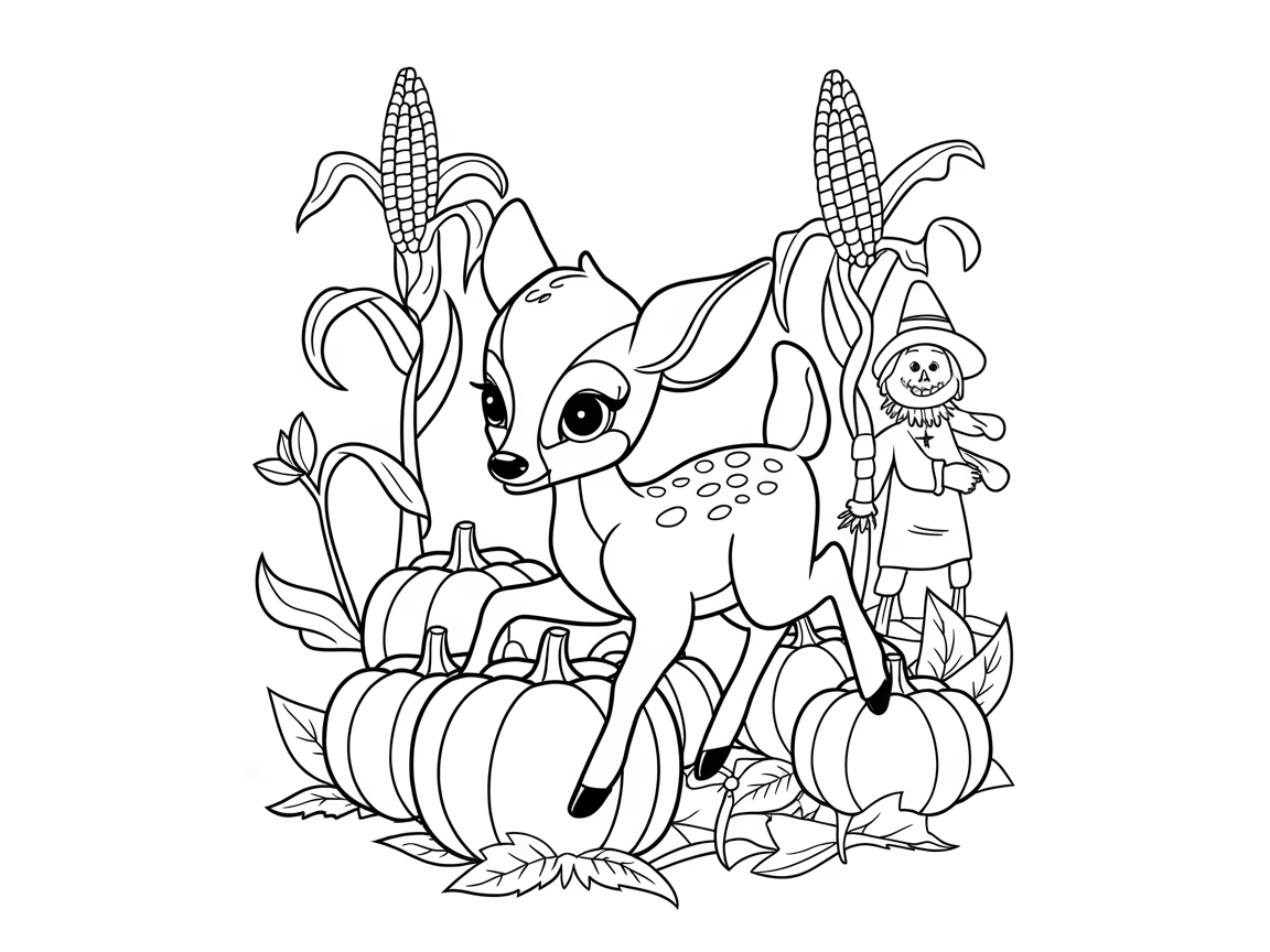 Autumn Harvest with a Playful Fawn and Scarecrow