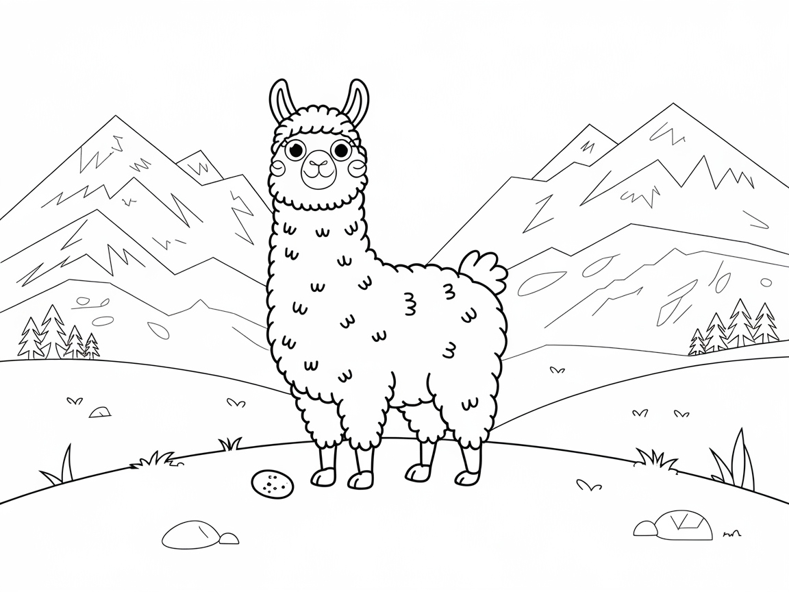 Charming Llama in the Mountain Meadow Coloring Page