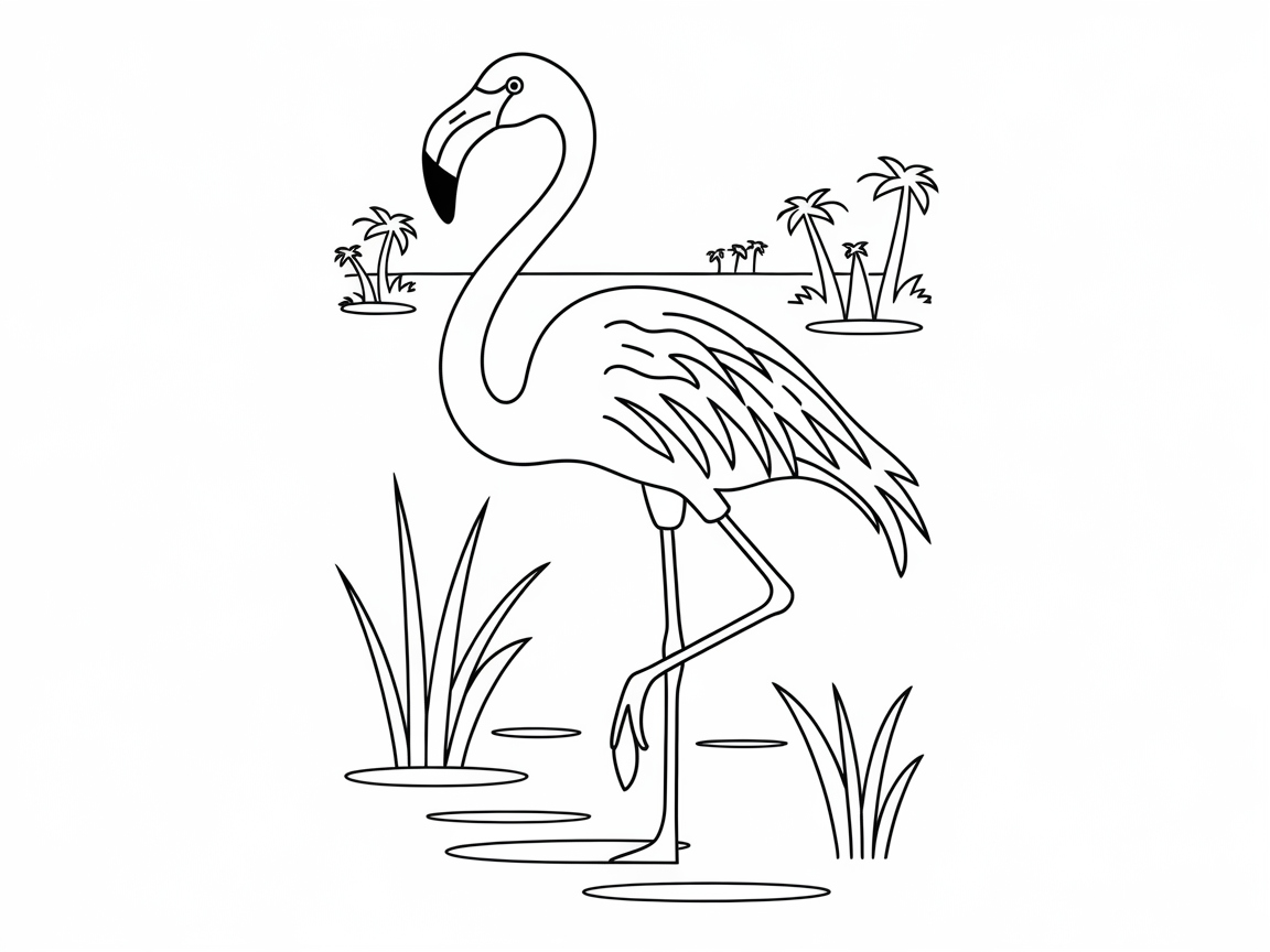 Elegant Flamingo in the Wetlands Coloring Page