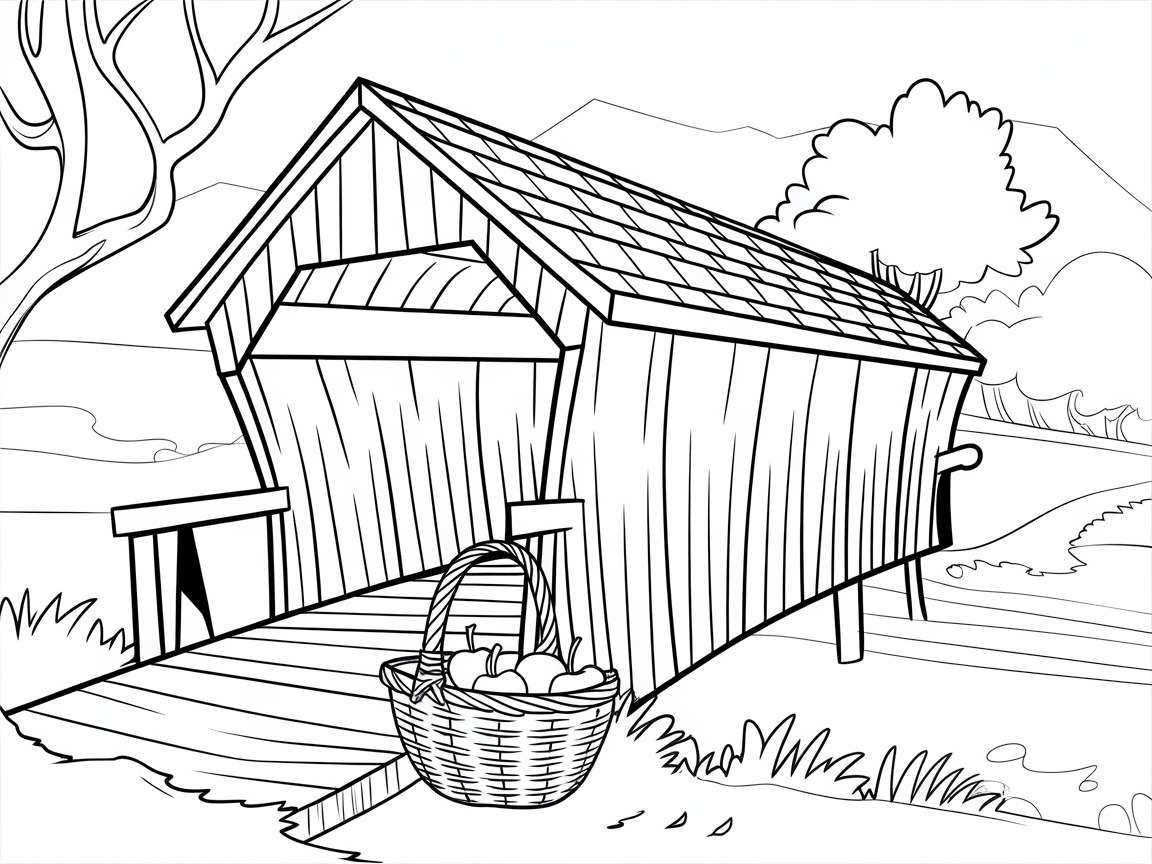 Color a Peaceful Covered Bridge and Apple Basket Scene