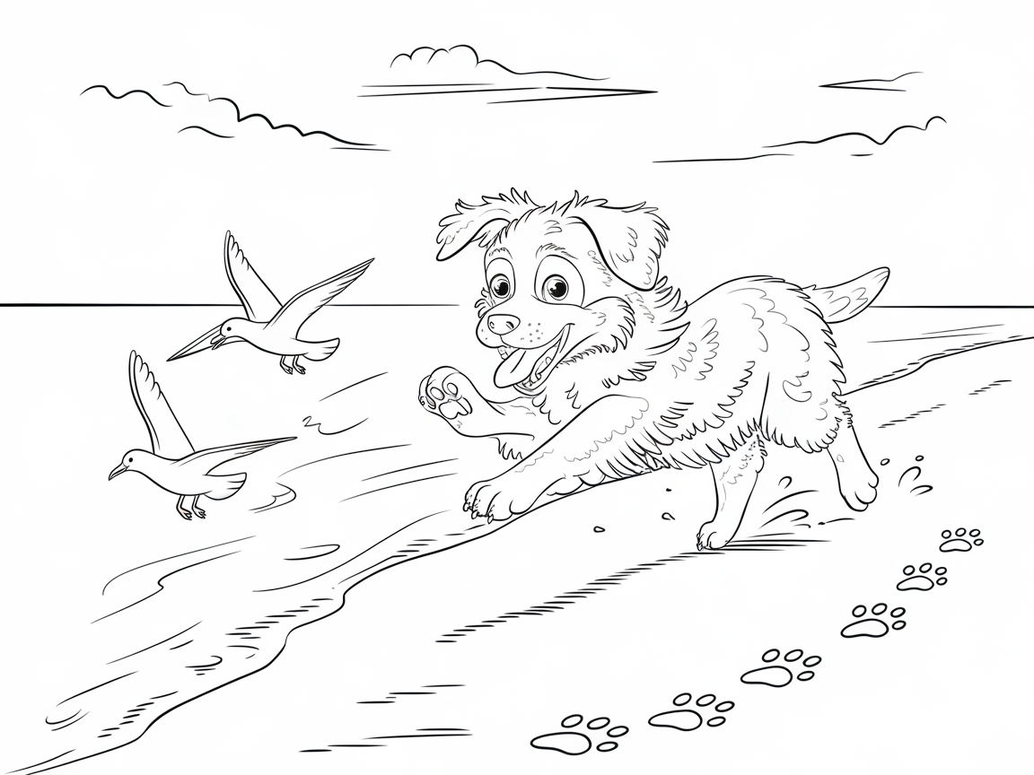 Beach Frolic: Australian Shepherd Puppy Chasing Seagulls