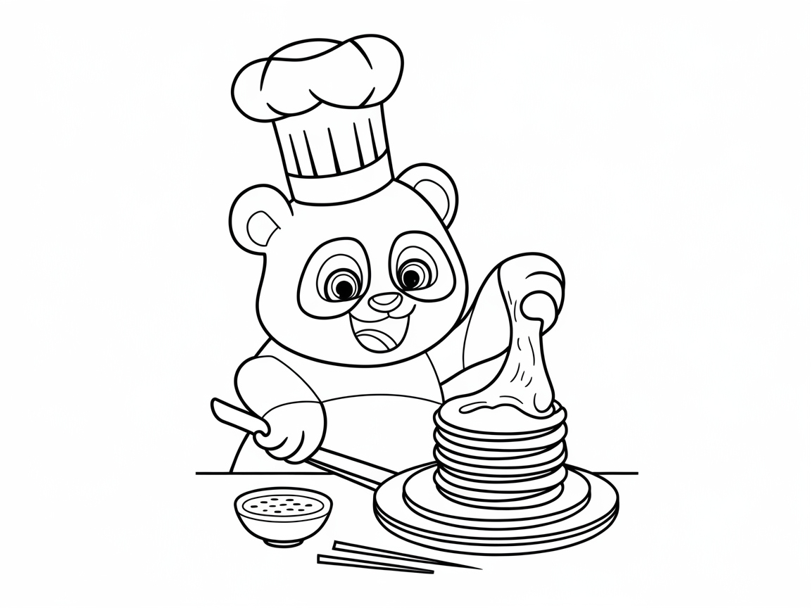 Panda Chef Stacking a Pancake Tower