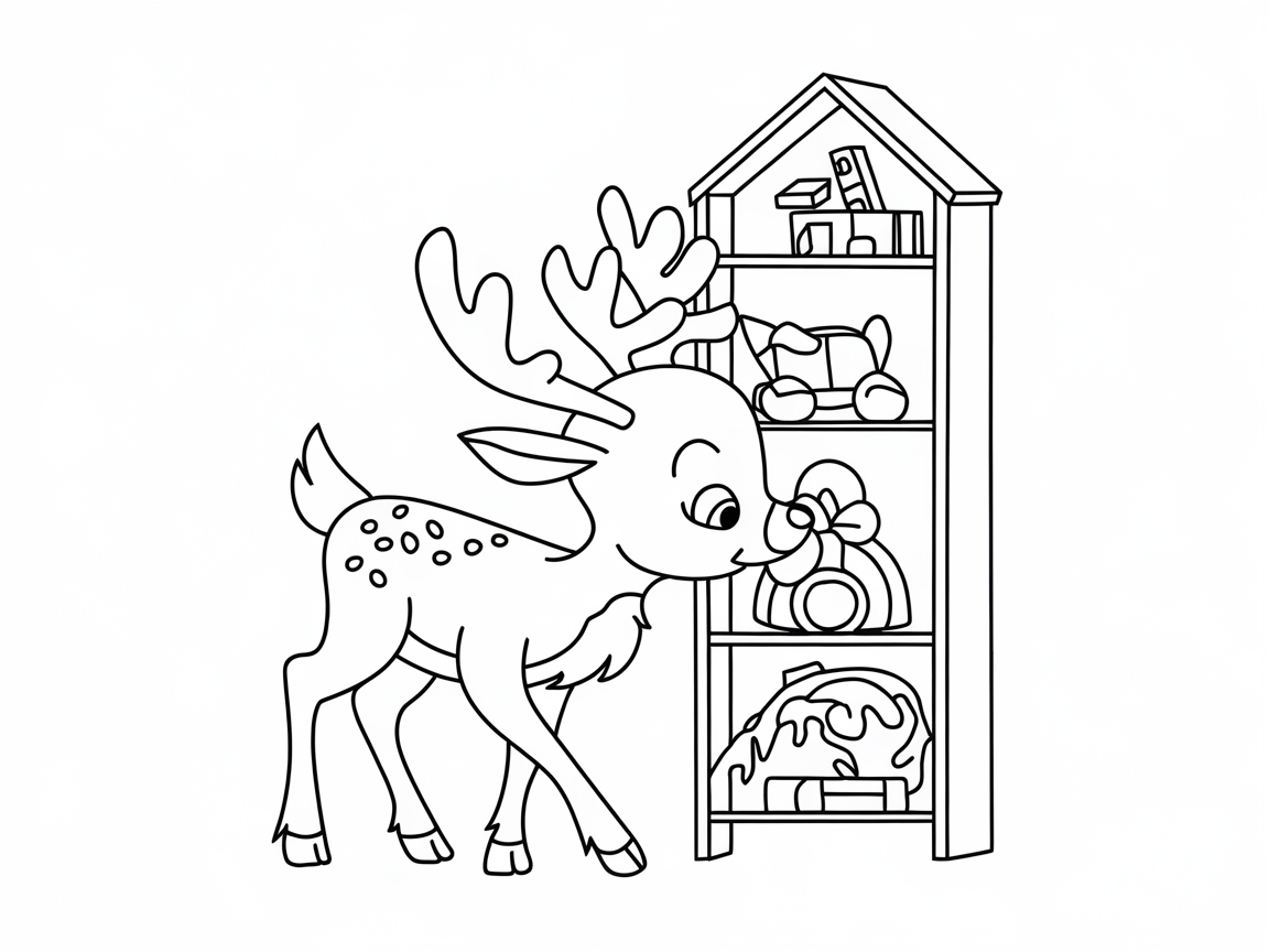 Curious Baby Reindeer Exploring a Toy Shelf