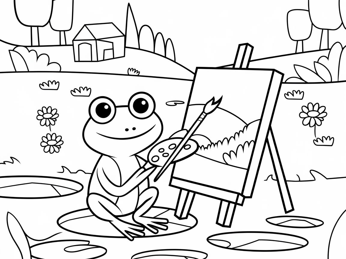 Creative Frog at the Easel Coloring Page