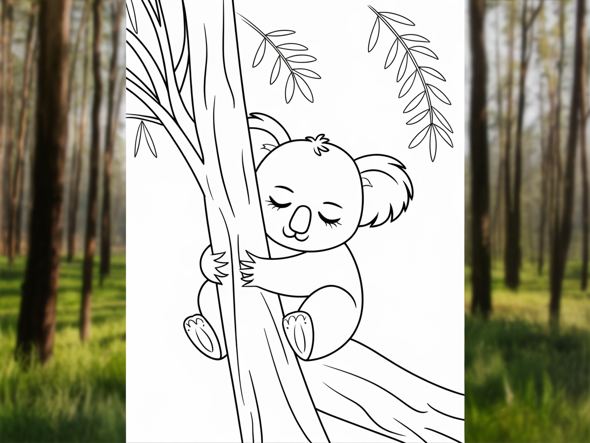 Sleepy Koala Hugging a Tree