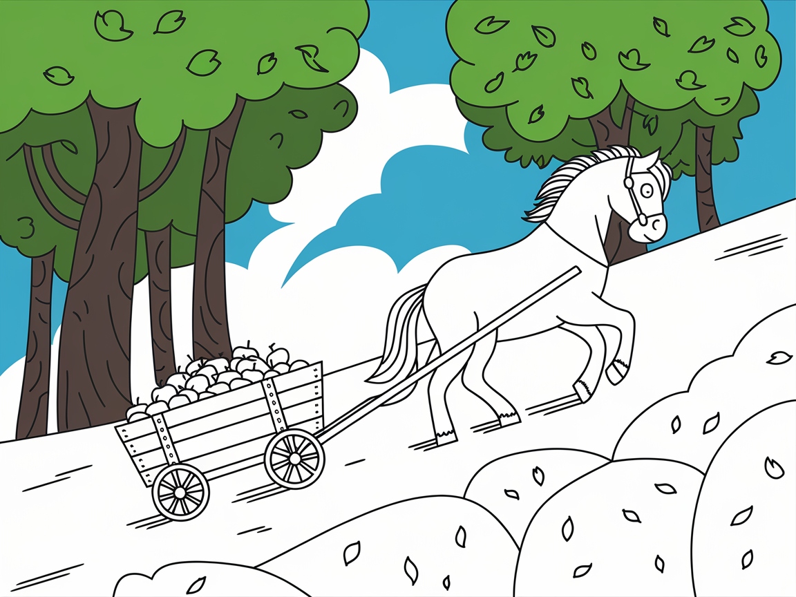 Color a Picturesque Horse-Pulled Apple Cart Scene