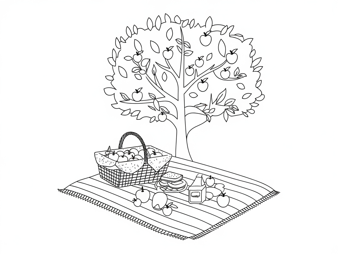 Picnic Under the Apple Tree: A Relaxing Scene to Color