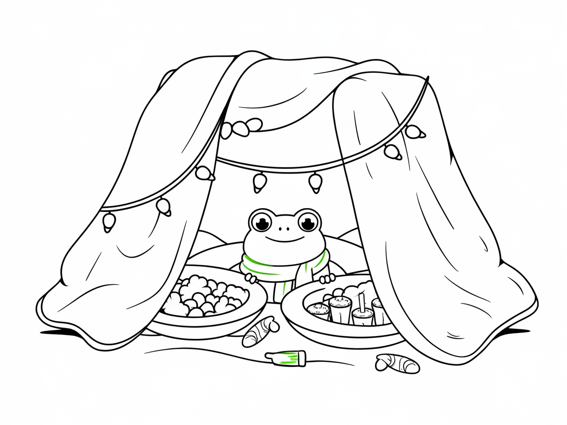 Sushi-Loving Frog in a Cozy Blanket Fort Coloring Page