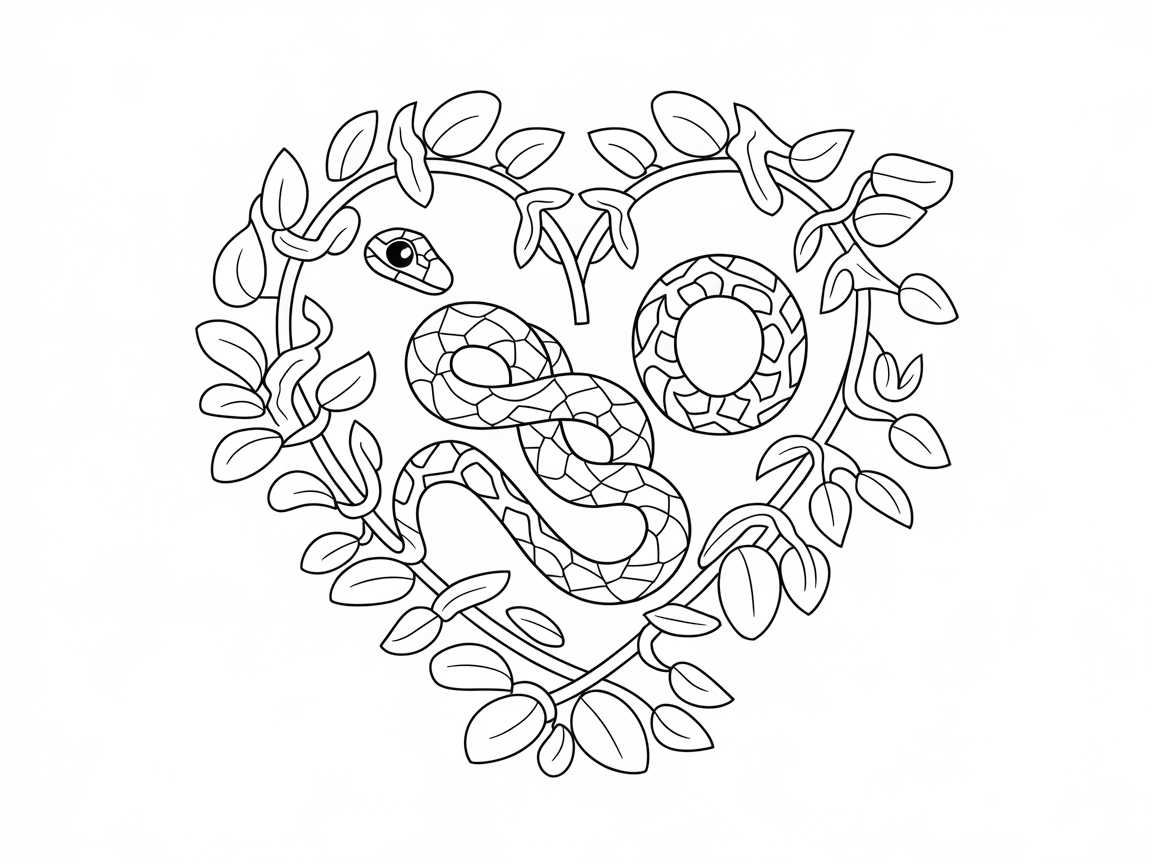 Serpentine Heart: Snake and Vines Coloring Page