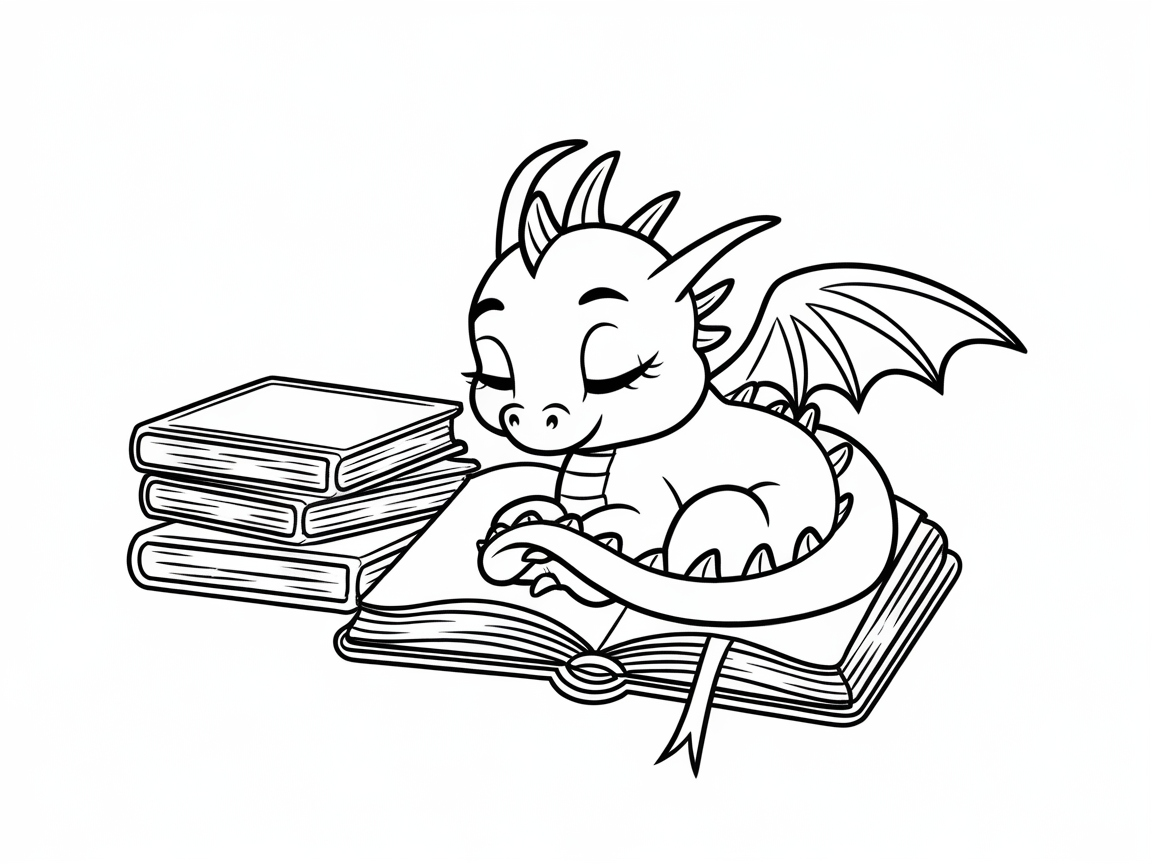 Sleepy Baby Dragon in a Book Nook