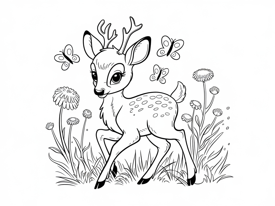Playful Fawn in a Meadow of Butterflies and Flowers