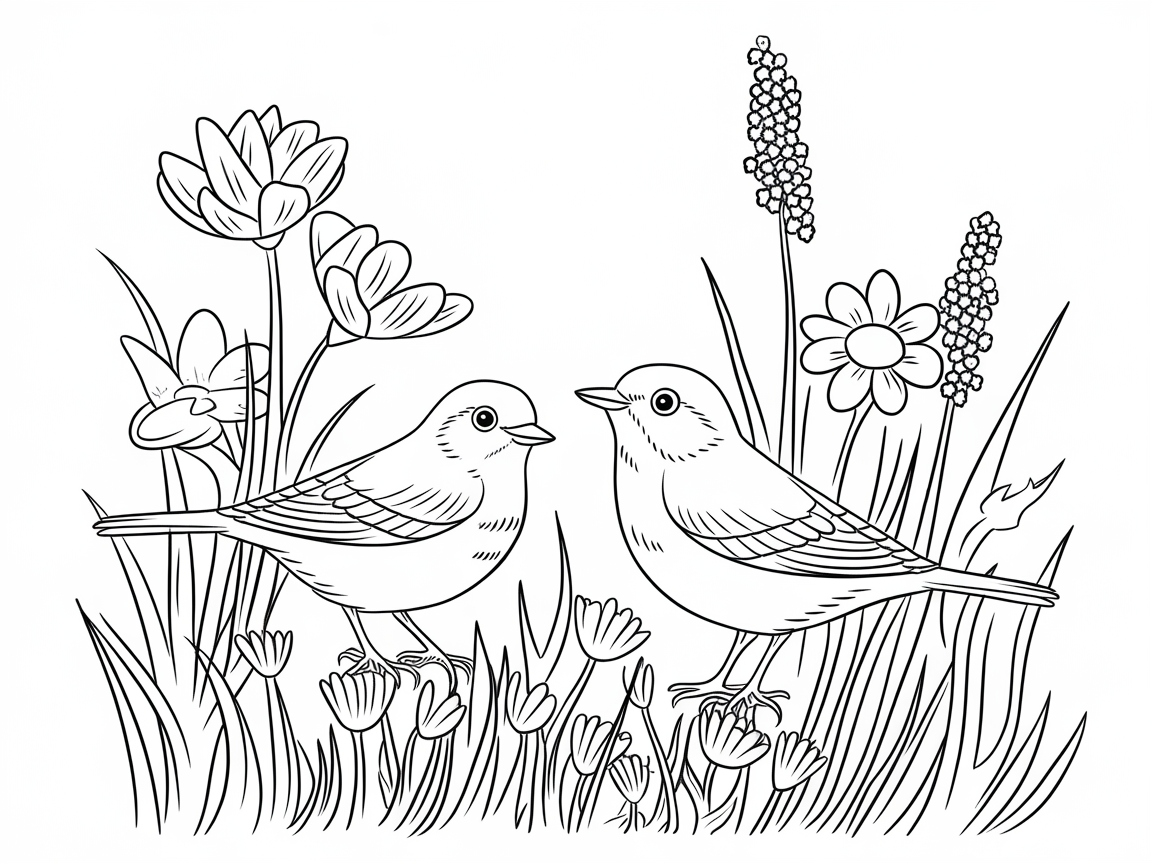 Charming Pair of Birds in a Flower Field