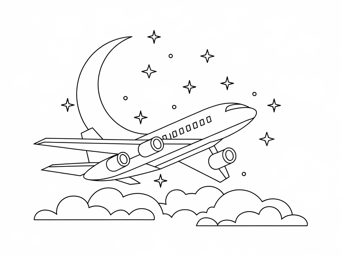 Nighttime Adventure: Airplane and Stars Coloring Page