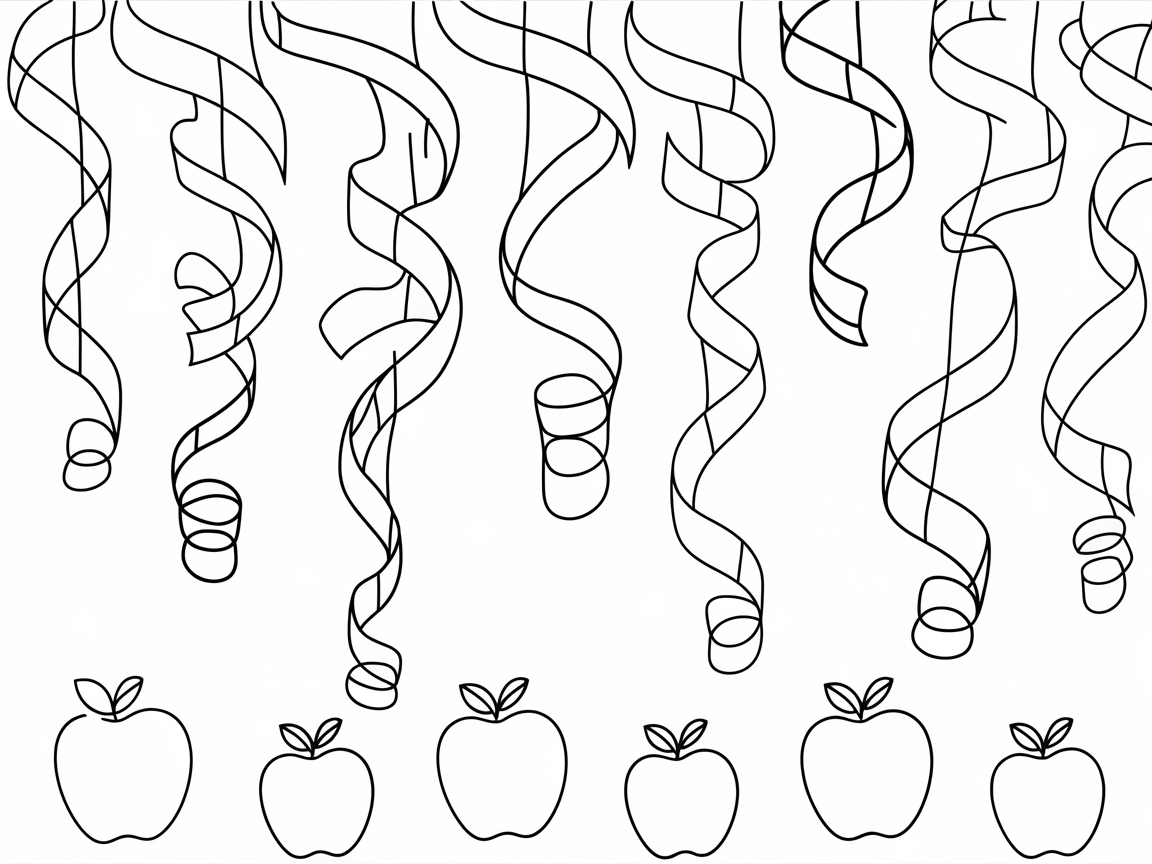 Spiral Streamers and Apples Coloring Page for Festive Flair