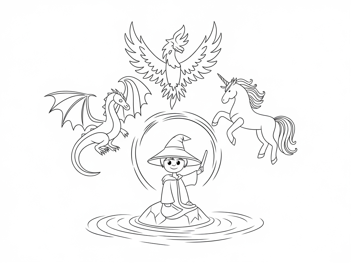 Magical Creatures Gather Around a Young Wizard