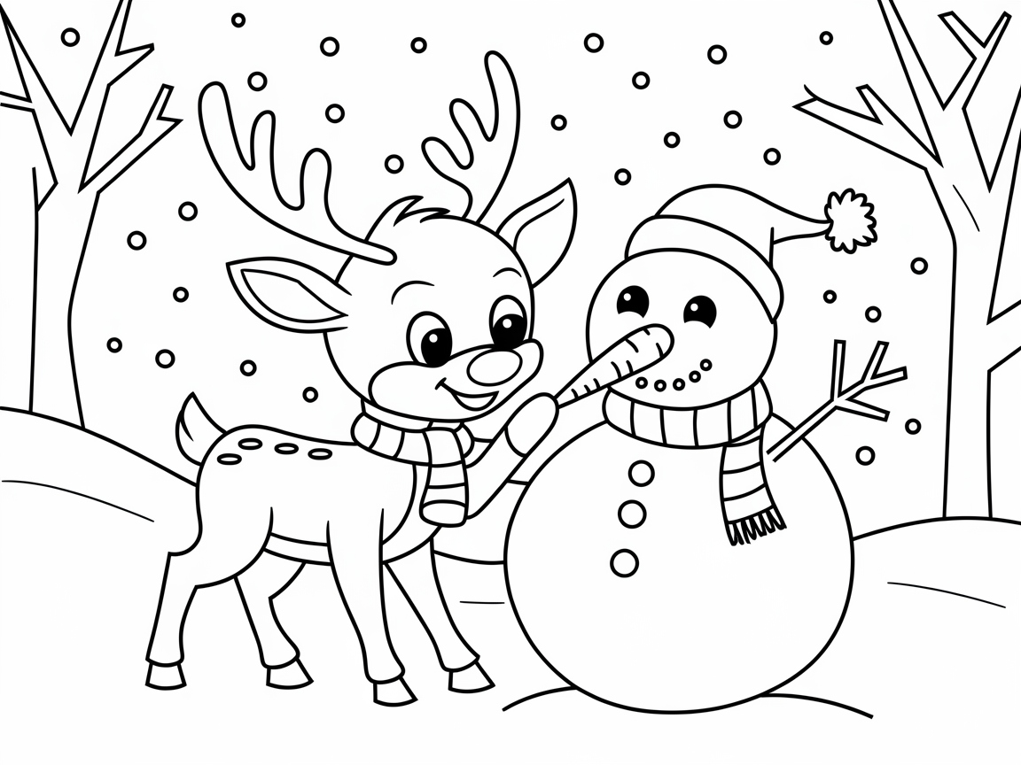 Baby Reindeer and Snowman in a Winter Dance