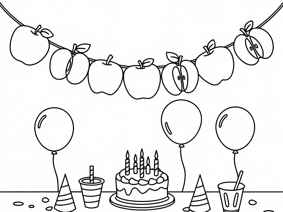 Birthday Bash with Apple Garland Coloring Page