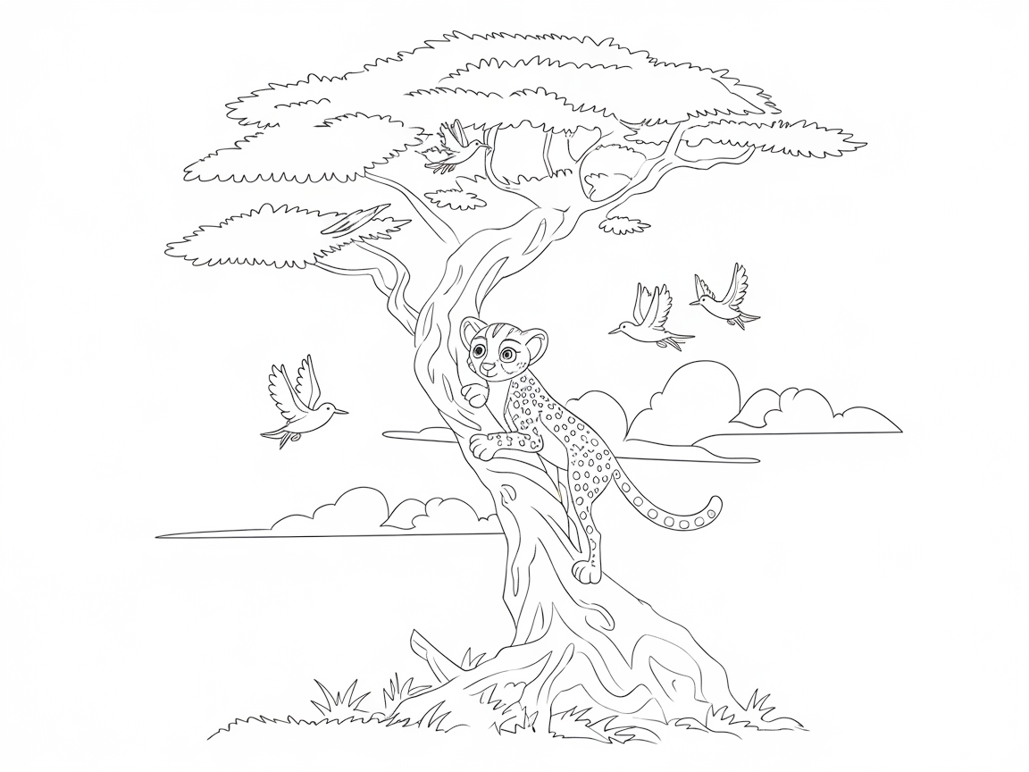 Adventurous Cheetah Cub Climbing a Majestic Tree