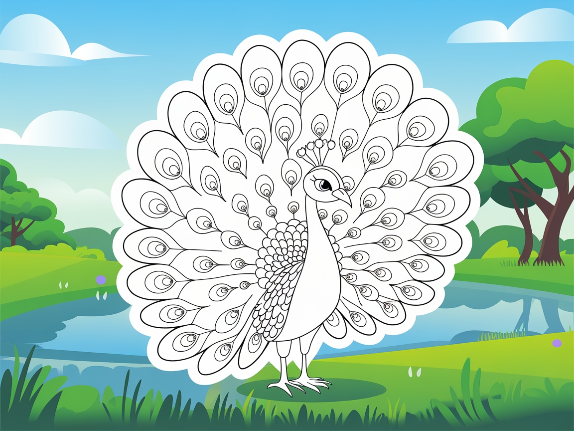 Vibrant Peacock by the Pond Coloring Page