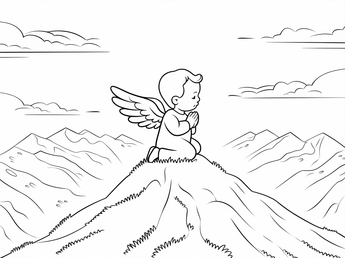 Baby Angel on a Mountain Peak Coloring Page