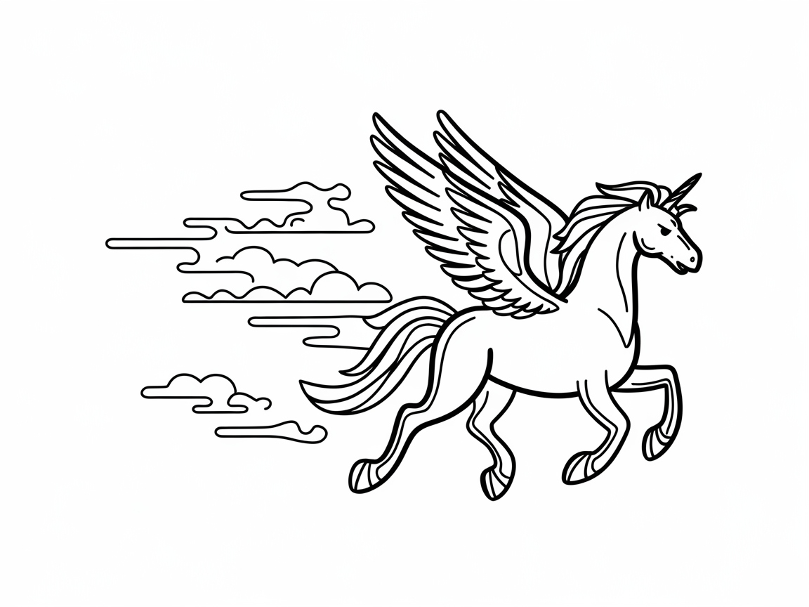 Magical Pegasus Soaring through the Clouds Coloring Page
