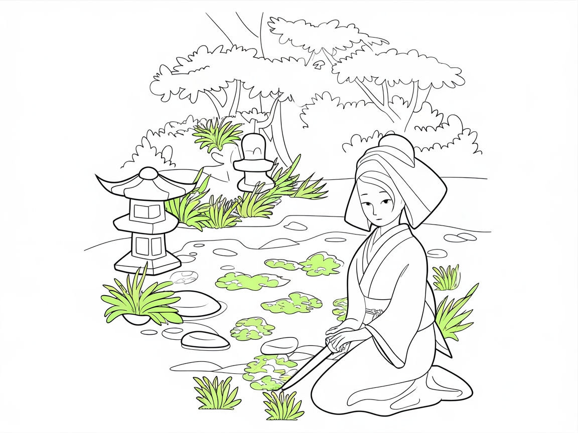 Serene Garden Reflection with a Tranquil Geisha