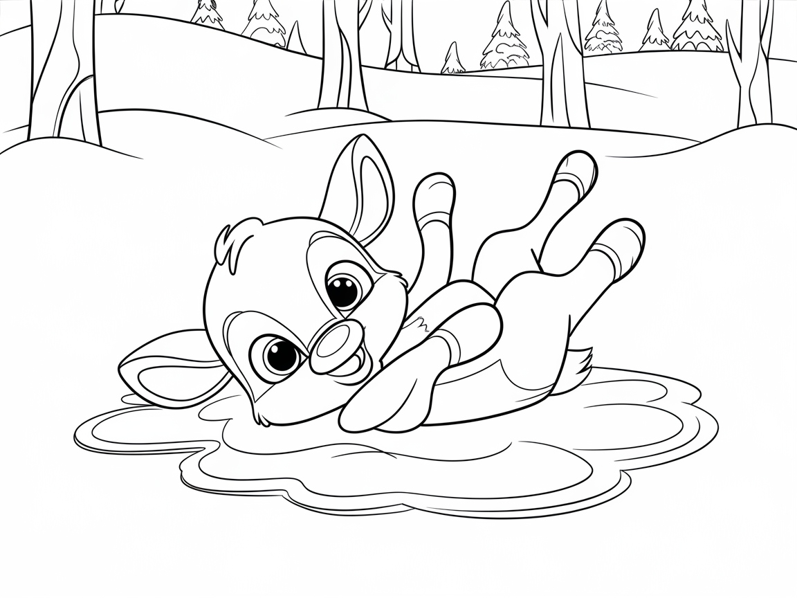 Playful Baby Reindeer Sliding on Snow