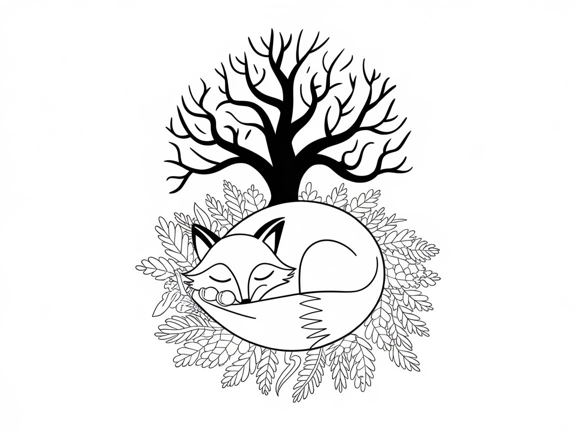 Cozy Fox Under an Autumn Tree Coloring Page