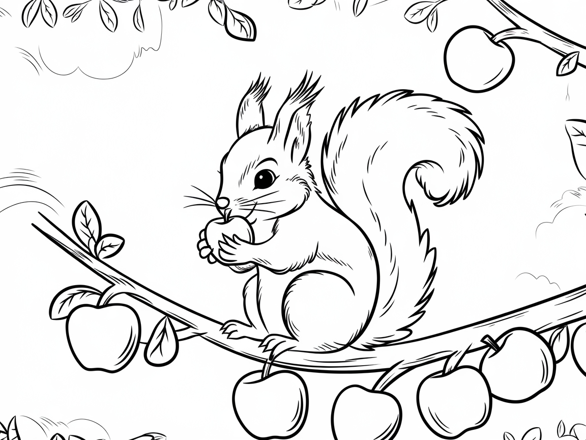 Color This Playful Squirrel in the Apple Tree